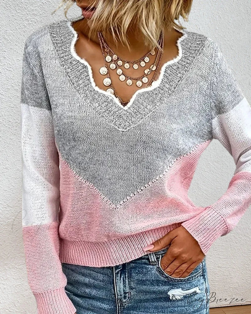 Block V Neck Color Pullover
