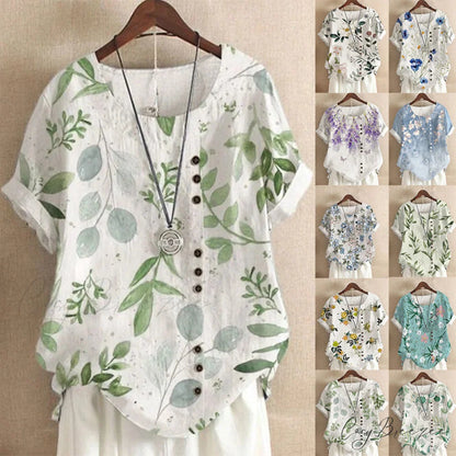 Blouse Casual for Fashion Loose Patterned Short-sleeved Retro Blouse Summer