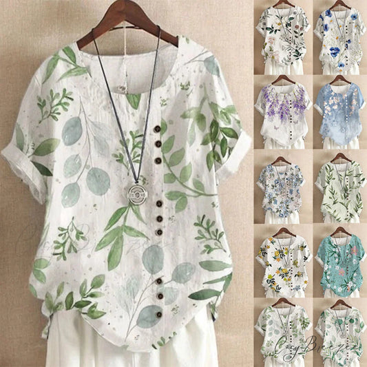 Blouse Casual for Fashion Loose Patterned Short-sleeved Retro Blouse Summer