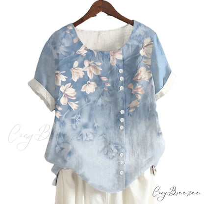 Blouse Casual for Fashion Loose Patterned Short-sleeved Retro Blouse Summer
