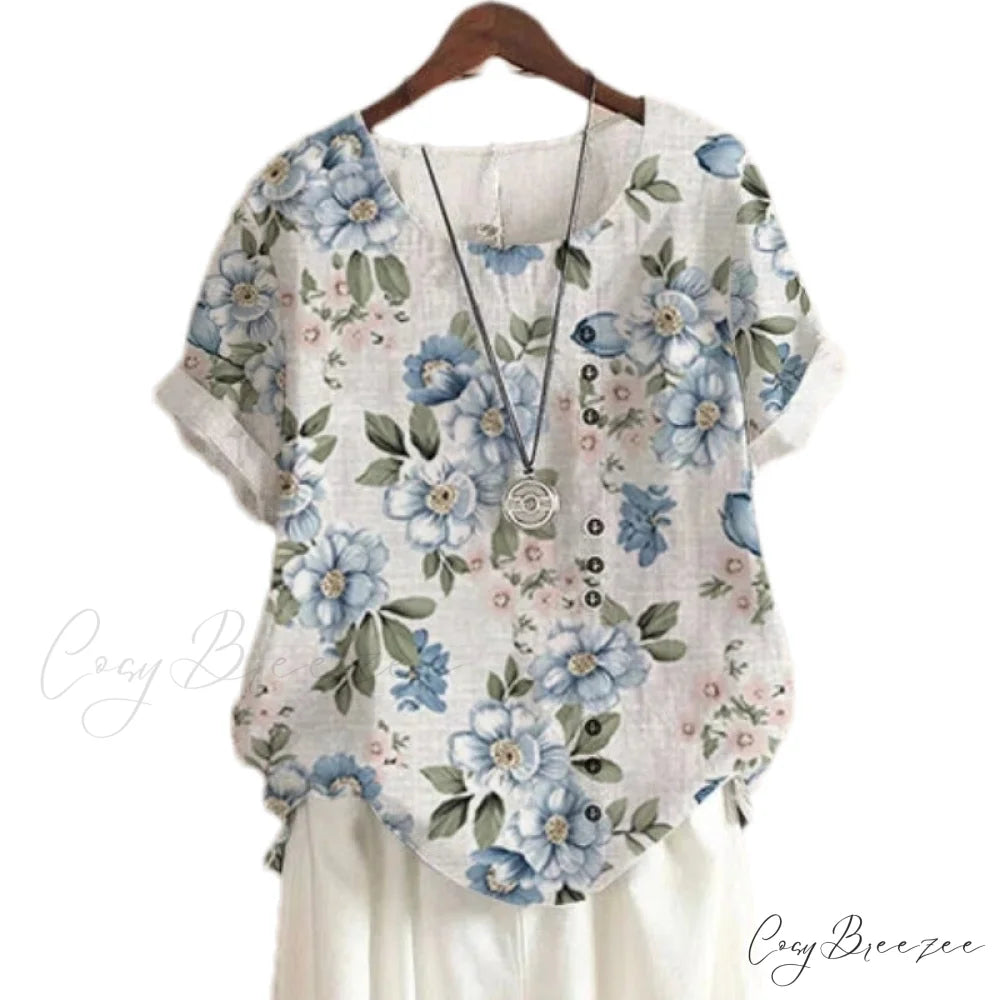 Blouse Casual for Fashion Loose Patterned Short-sleeved Retro Blouse Summer