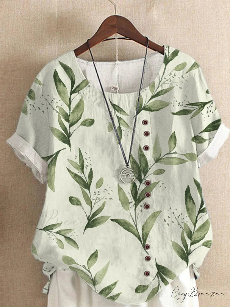 Blouse Casual for Fashion Loose Patterned Short-sleeved Retro Blouse Summer Bamboo Leaf 9 / S