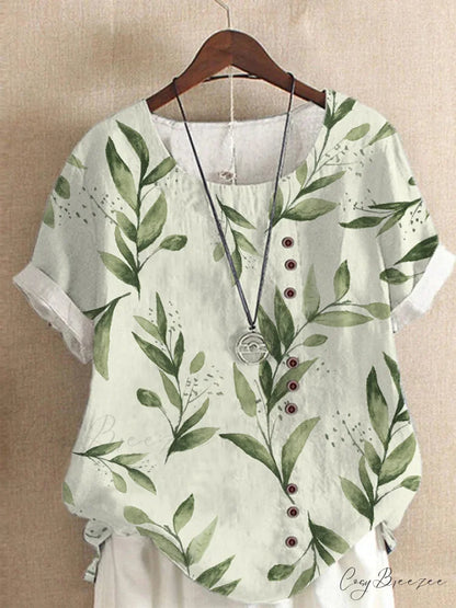 Blouse Casual for Fashion Loose Patterned Short-sleeved Retro Blouse Summer Bamboo Leaf 9 / S