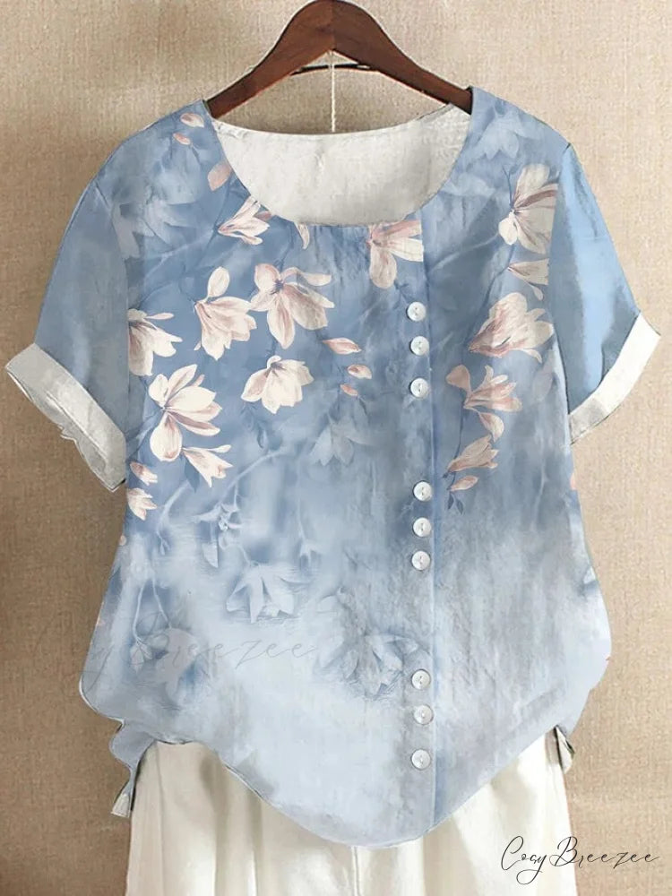 Blouse Casual for Fashion Loose Patterned Short-sleeved Retro Blouse Summer Flower 1 / S