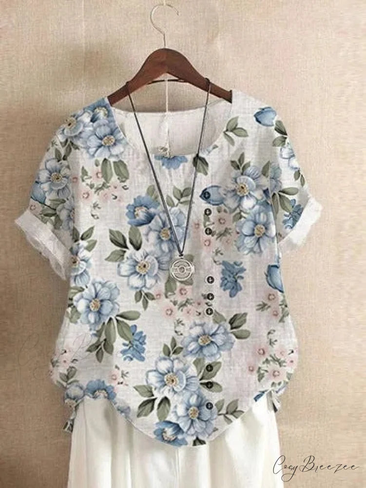 Blouse Casual for Fashion Loose Patterned Short-sleeved Retro Blouse Summer Flower 2 / S