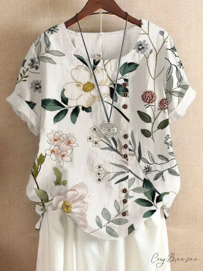 Blouse Casual for Fashion Loose Patterned Short-sleeved Retro Blouse Summer Flower 5 / S
