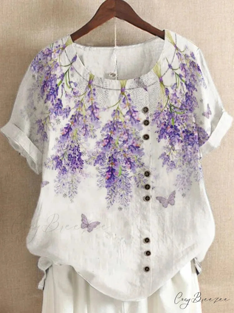 Blouse Casual for Fashion Loose Patterned Short-sleeved Retro Blouse Summer Lavender 6 / S