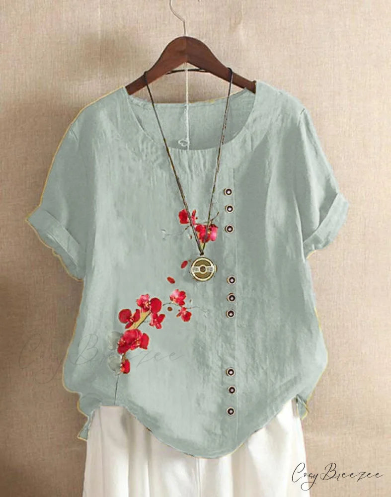Blouse Casual for Fashion Loose Patterned Short-sleeved Retro Blouse Summer Light Blue / S