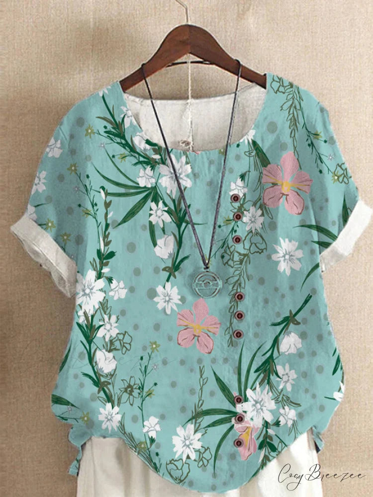 Blouse Casual for Fashion Loose Patterned Short-sleeved Retro Blouse Summer Patterns of Blue Flowers and Grass 7 / S