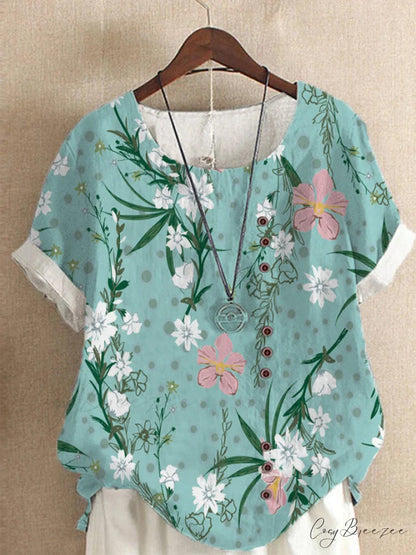 Blouse Casual for Fashion Loose Patterned Short-sleeved Retro Blouse Summer Patterns of Blue Flowers and Grass 7 / S