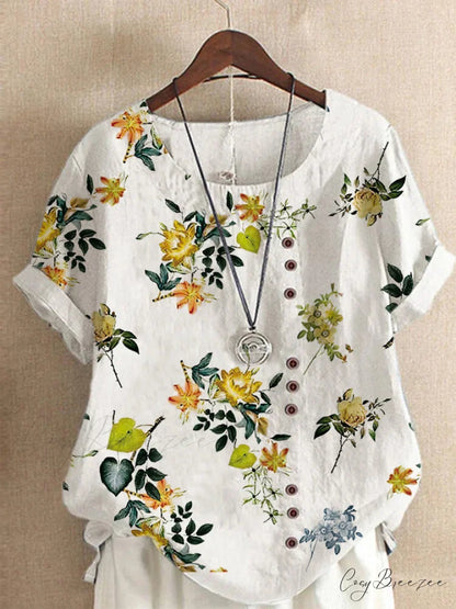 Blouse Casual for Fashion Loose Patterned Short-sleeved Retro Blouse Summer Yellow Flower 8 / S