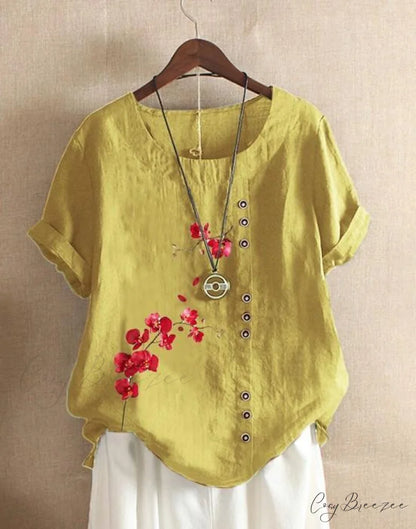 Blouse Casual for Fashion Loose Patterned Short-sleeved Retro Blouse Summer Yellow / S
