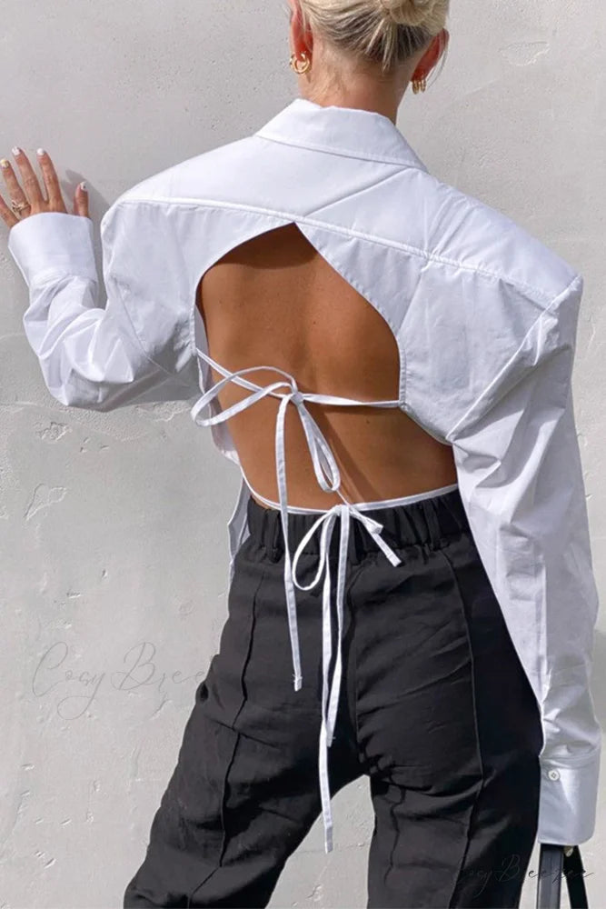 Blouse White Arm Shoulder Long Backless with Up Lace Pads White / S