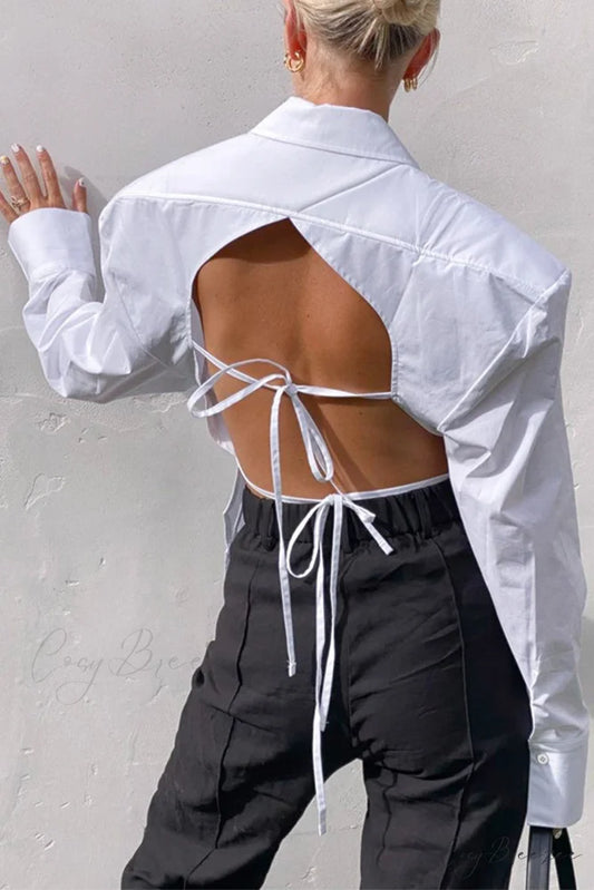 Blouse White Arm Shoulder Long Backless with Up Lace Pads White / S