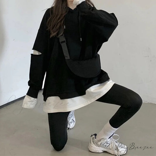 Blouses Hoodies Pieces and Fake Stylish Loose with Long Two Sleeves Black / M