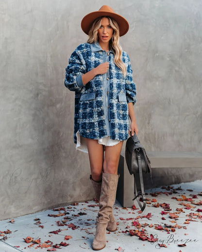 Blue Alaska Plaid Pocketed Teddy Jacket