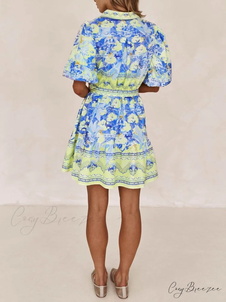 Blue And Yellow Charming Floral Print Mini Dress