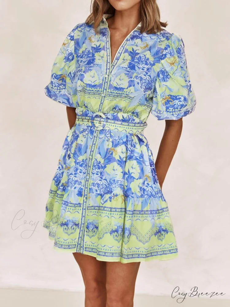 Blue And Yellow Charming Floral Print Mini Dress