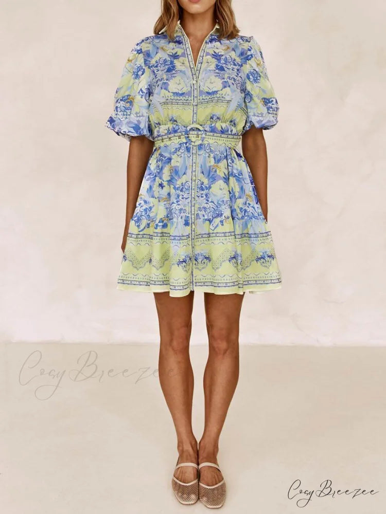 Blue And Yellow Charming Floral Print Mini Dress