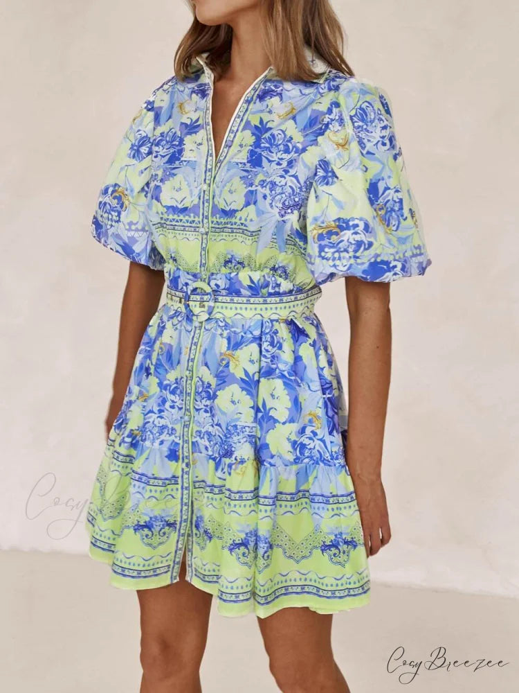 Blue And Yellow Charming Floral Print Mini Dress Blue / S