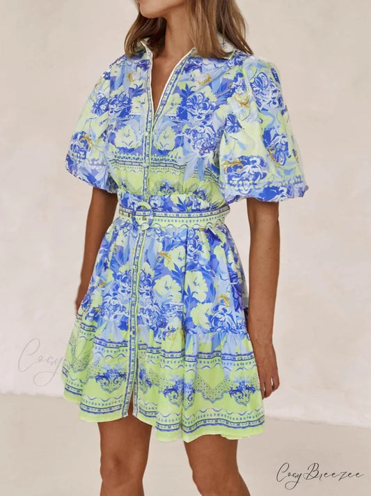 Blue And Yellow Charming Floral Print Mini Dress Blue / S