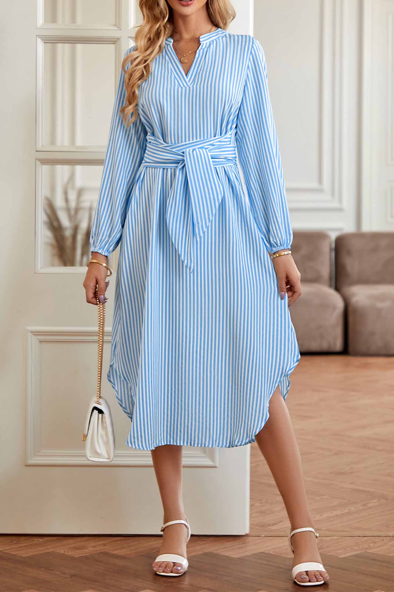 Striped V Neck Tie Waist Long Sleeve Midi Dress