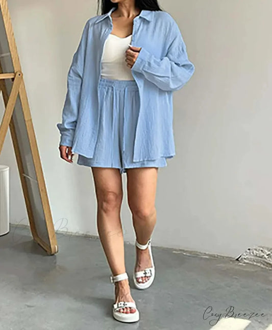 Blue Cotton Drawstring Shorts Office Set Blue / S officetwopieceset-250223