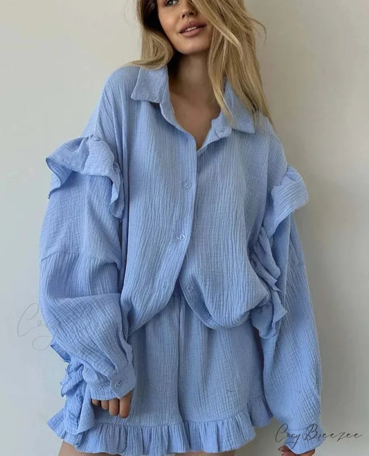 Blue Cotton Lapel Ruffled Shirt Office Set Blue / S officetwopieceset-250223