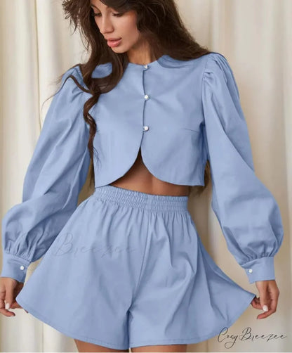 Blue Cotton O-Neck Crop Shorts Office Set Blue / S officetwopieceset-250223