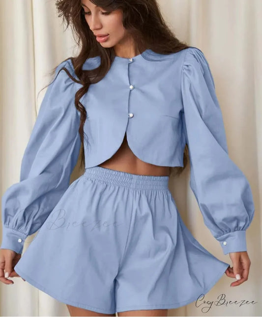 Blue Cotton O-Neck Crop Shorts Office Set Blue / S officetwopieceset-250223