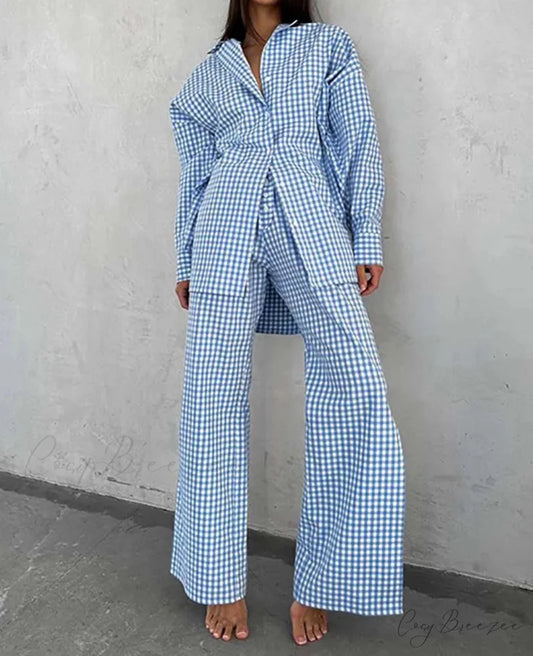 Blue Cotton Print Lapel Straight Pants Office Set Blue / S officetwopieceset-250223