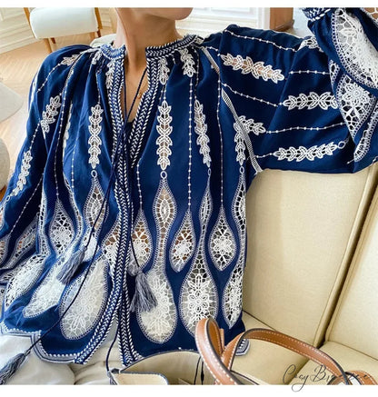 Blue Embroidery Lantern Sleeve Ethnic Boho Blouse bohoblouse-250126