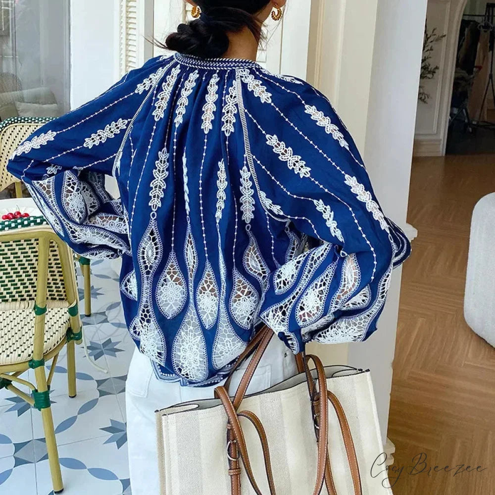 Blue Embroidery Lantern Sleeve Ethnic Boho Blouse bohoblouse-250126