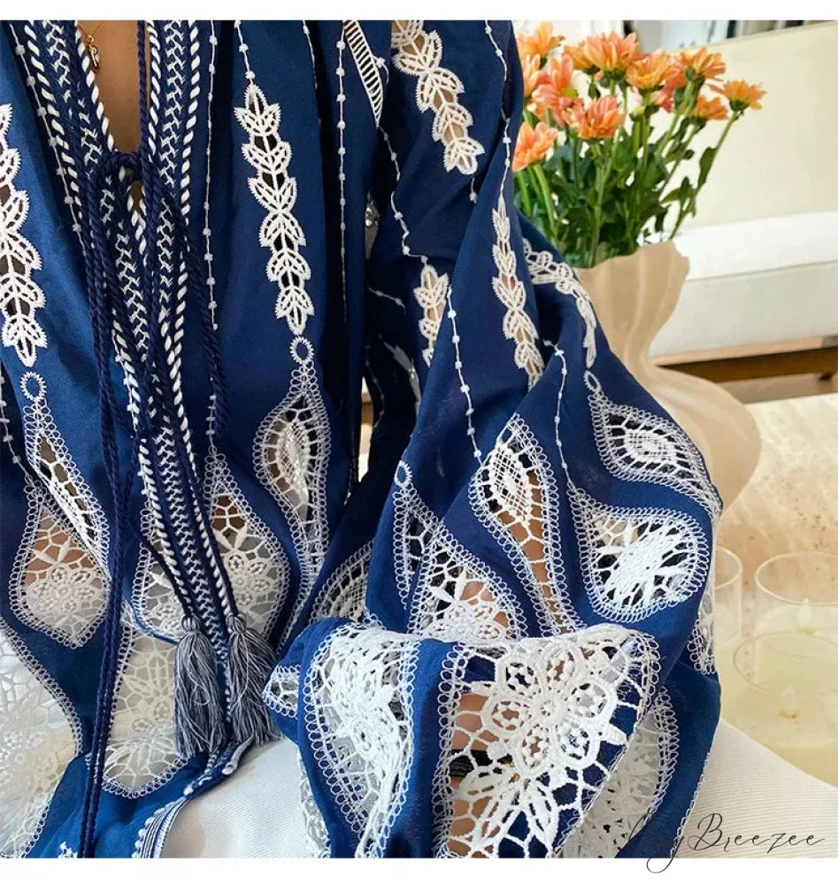 Blue Embroidery Lantern Sleeve Ethnic Boho Blouse bohoblouse-250126