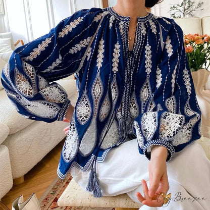Blue Embroidery Lantern Sleeve Ethnic Boho Blouse bohoblouse-250126