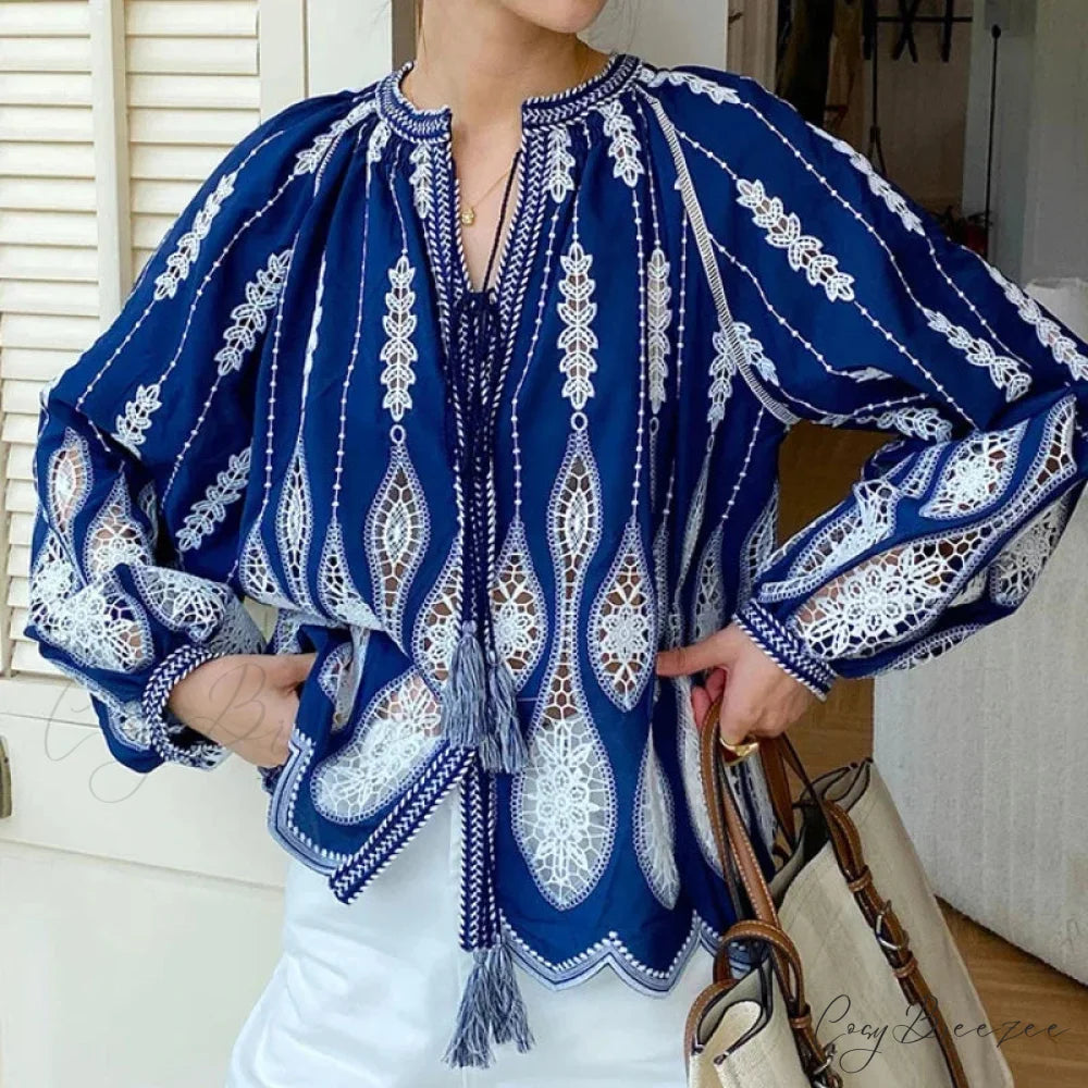 Blue Embroidery Lantern Sleeve Ethnic Boho Blouse bohoblouse-250126