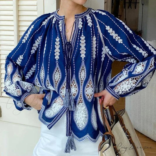 Blue Embroidery Lantern Sleeve Ethnic Boho Blouse bohoblouse-250126