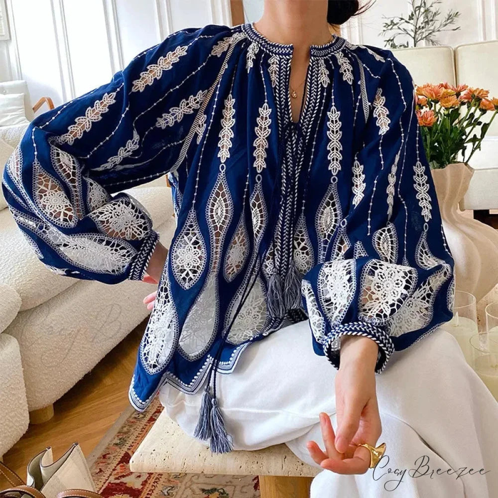 Blue Embroidery Lantern Sleeve Ethnic Boho Blouse Blue / S bohoblouse-250126
