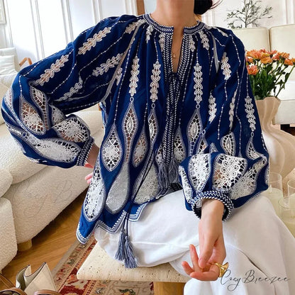 Blue Embroidery Lantern Sleeve Ethnic Boho Blouse Blue / S bohoblouse-250126
