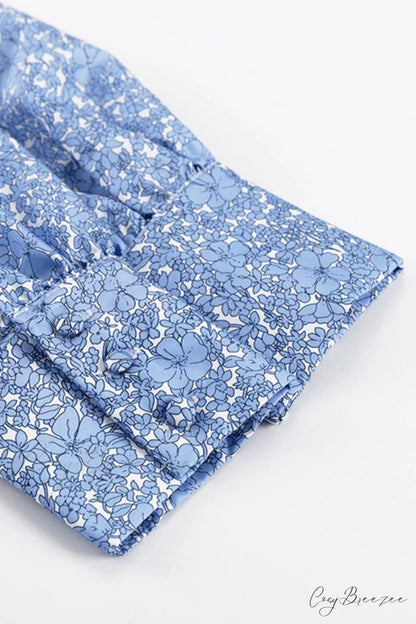 Blue Floral Dress with Puff Sleeve and Gathered Ruffle