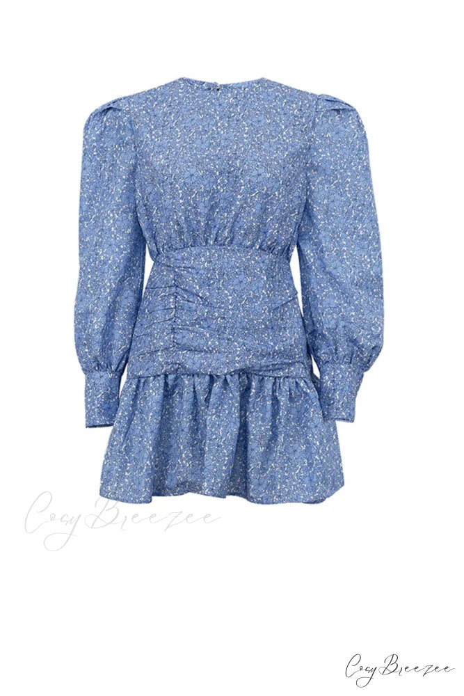 Blue Floral Dress with Puff Sleeve and Gathered Ruffle Blue / L