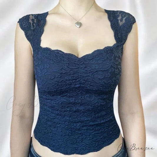 Blue Floral Lace Milkmaid Y2K Crop Top NAVY BLUE / S croptop-250126