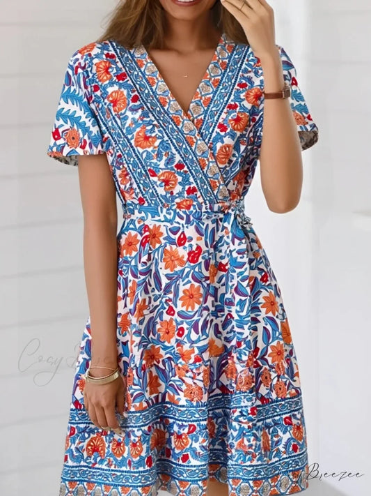Blue Floral Print Cross V-neck Wrap Summer Mini Dress Blue / S bohodress-250126