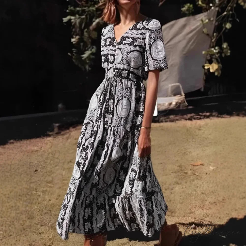 Blue Floral Print Ruffles Sleeve Rayon A-line Beach Maxi Dress Black / S bohodress-250126