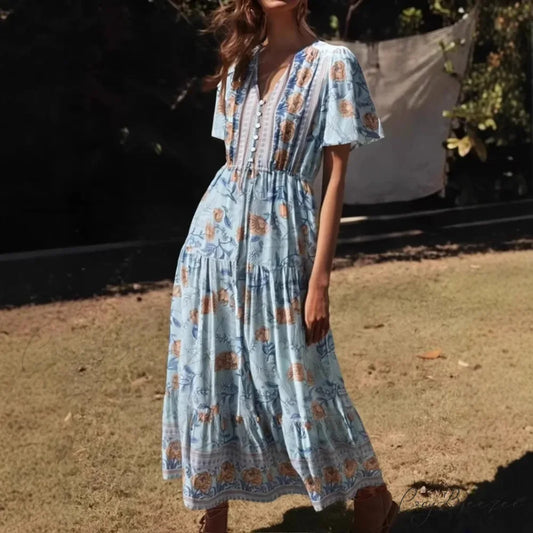 Blue Floral Print Ruffles Sleeve Rayon A-line Beach Maxi Dress light blue / S bohodress-250126