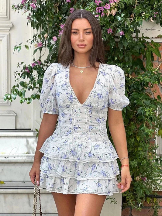 Blue Floral Print Tiered Mini Puff Sleeve Boho Dress Blue / S floraldress-250126