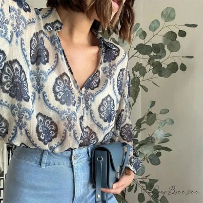 Blue Floral Printed Long Sleeve V-Neck Boho Blouse bohoblouse-250126