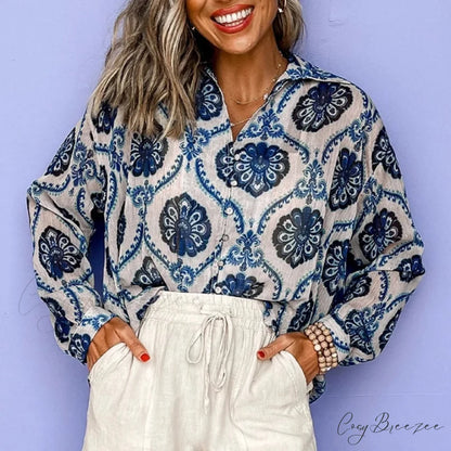 Blue Floral Printed Long Sleeve V-Neck Boho Blouse bohoblouse-250126