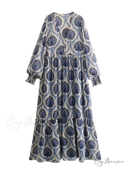 Blue Floral Printed Long Sleeve V-Neck Boho Blouse Dress / XS bohoblouse-250126
