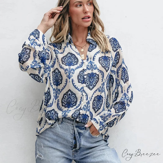 Blue Floral Printed Long Sleeve V-Neck Boho Blouse Blouse / XS bohoblouse-250126